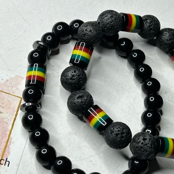 Black Onyx & Lava Stone Rasta Bracelet Set - Picture 2 of 3